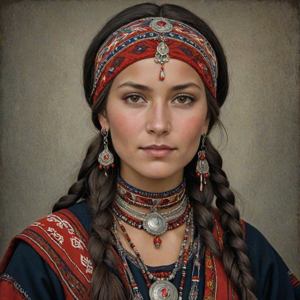 Create a portrait of a beautiful Sami woman with striking red eyes and a gentle expression. She is adorned in traditional attire with intricate patterns, including a richly embroidered headscarf and matching garments. Her jewelry includes a delicate headpiece, dangling earrings, and ornate bracelets, all featuring vibrant gemstones and detailed metalwork. The background is soft and warm, enhancing the rich colors of her outfit and jewelry.