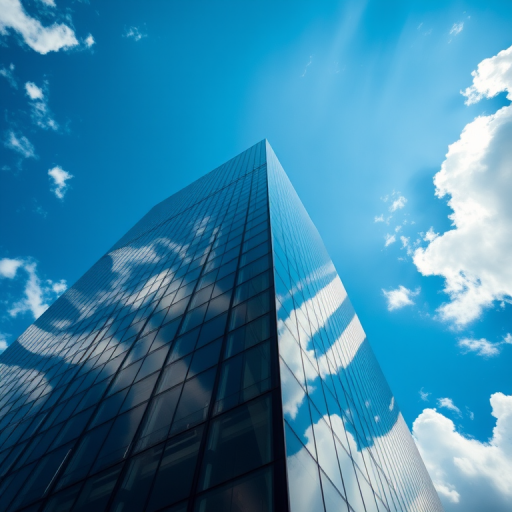 capture a low angle view of a modern skyscraper with reflective glass panels under a bright blue sky with fluffy clouds, use a wide-angle lens at f/8, ISO 100, shutter speed 1/250 sec, in high dynamic range style with vibrant colors, and a DSLR camera
