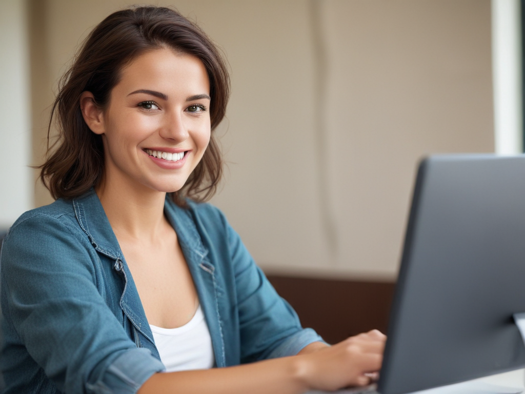(Image of a person smiling and working efficiently at a computer,)