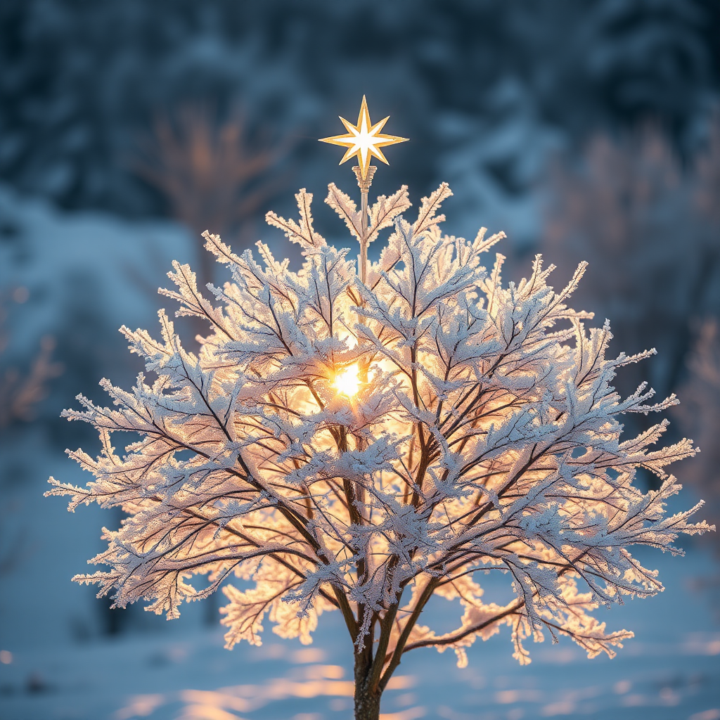 Create a high-resolution winter scene featuring a frosty tree with a star on top, soft sunlight filtering through the branches, captured with a Canon EOS 5D Mark IV, 50mm lens, f/1.8 aperture, ISO 100, in the golden hour light, with a focus on detailed textures of the snow and tree.