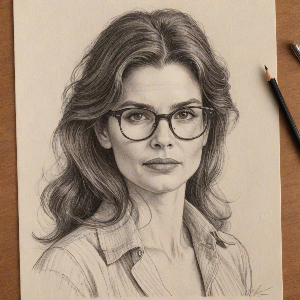 Enchanting Julia Ormond, pencil sketch, portrait of Beauteous woman 1978s in glasses, hair style beatnik, outline, clear lines, fine lines, 8k