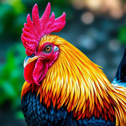 Generate a detailed illustration of a rooster showcasing vibrant feathers and intricate details, captured with a DSLR camera at f/2.8 aperture, ISO 100, 50mm lens, in natural daylight, with a shallow depth of field for a blurred background effect.