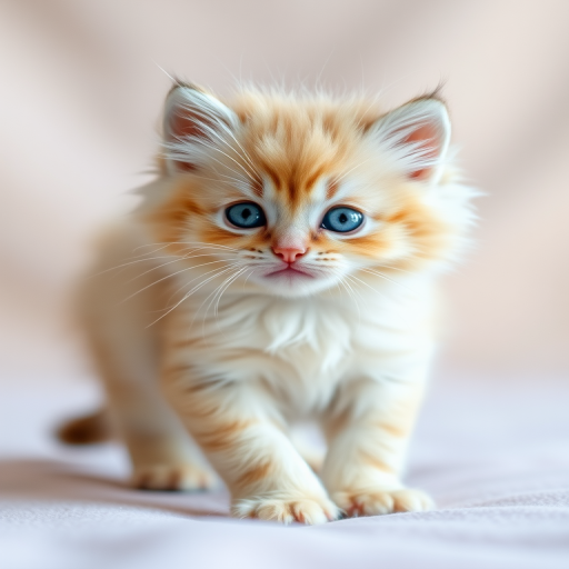 Generate a high-quality image of a fluffy light-colored kitten with blue eyes standing on a soft surface, captured using a DSLR camera with a 50mm lens, aperture f/1.8, ISO 200, shutter speed 1/200, in natural light for a soft focus background.