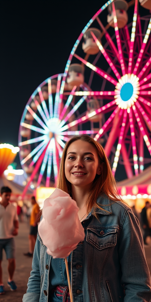 Bustling carnival at night, with bright lights and colorful tents, a woman in a denim jacket stands in front of a Ferris wheel, cotton candy in hand, her eyes lit with excitement.