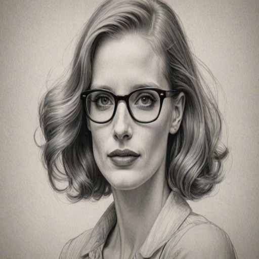 Stunning Jessica Chastain, pencil sketch, portrait of Comely woman 1936s in glasses, hair style beatnik, outline, clear lines, fine lines, 8k