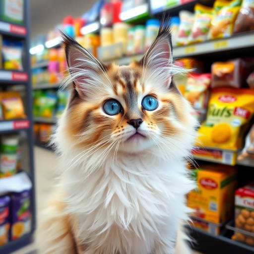 A fluffy cat with striking blue eyes and a cream and gray coat is looking curiously to the side in a store filled with various food items and colorful packaging in the background.