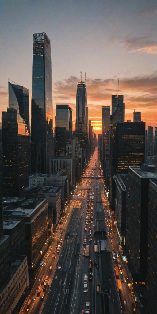 Sunset over a bustling city skyline, the last light of day reflecting off glass skyscrapers, while the streets below buzz with evening traffic.