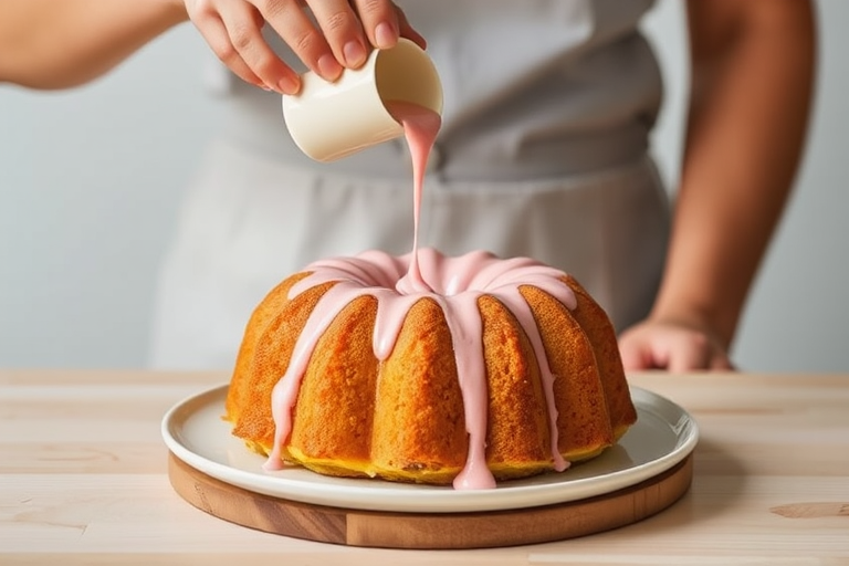 A person pouring pink sauce over a yellow bundt cake on a wooden surface with a light background.