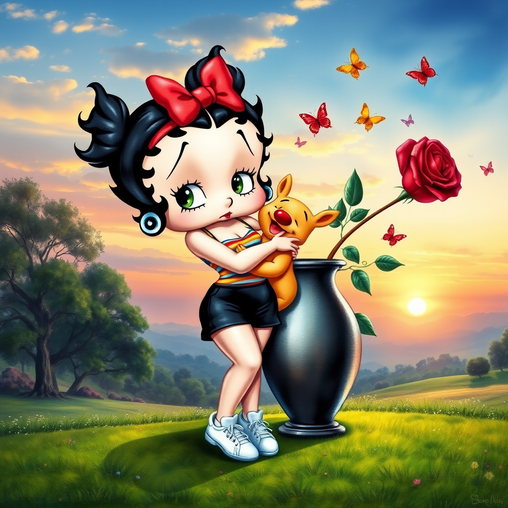 Luxury 3D HD realistic watercolor oil painting. Betty Boop with black hair in two messy buns. Red headband with big bow. He wears black shorts with a colorful t-shirt. White sneakers. She is standing hugging winnie the pooth next to a large vase with a tall red rose, There are trees and butterflies flying. The land with a beautiful lawn. Full body. Background of a sunset