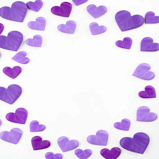 vertical composition of a blank white canvas framed by various purple hearts in different shades, soft focus, f/2.8 aperture, 50mm lens, natural light, DSLR camera