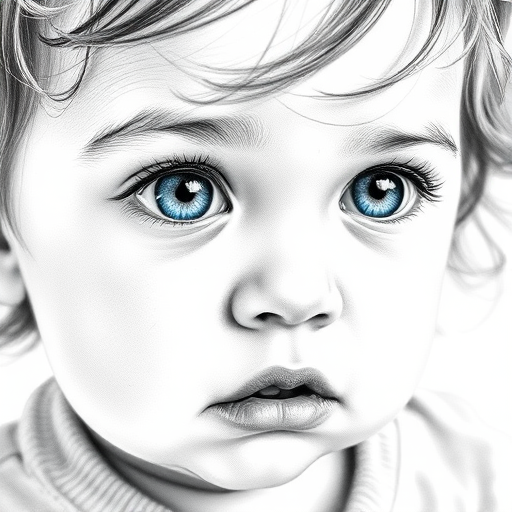 A hyperdetailed photorealistic black and white sketch of a beautiful toddler with deep blue eyes, with a macro focus