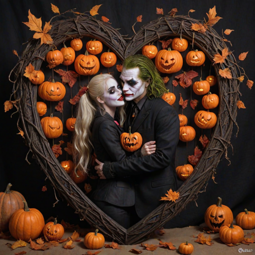 The Joker, neat, wearing a black suit and a beautiful Harley Quinn with long hair, both romantic, hugging and cuddling in the middle of a neon linen black heart frame decorated with dead leaves, bats, and small pumpkins, with a label at the bottom that reads 'Mad Love' made of linen, in a photo realistic style.