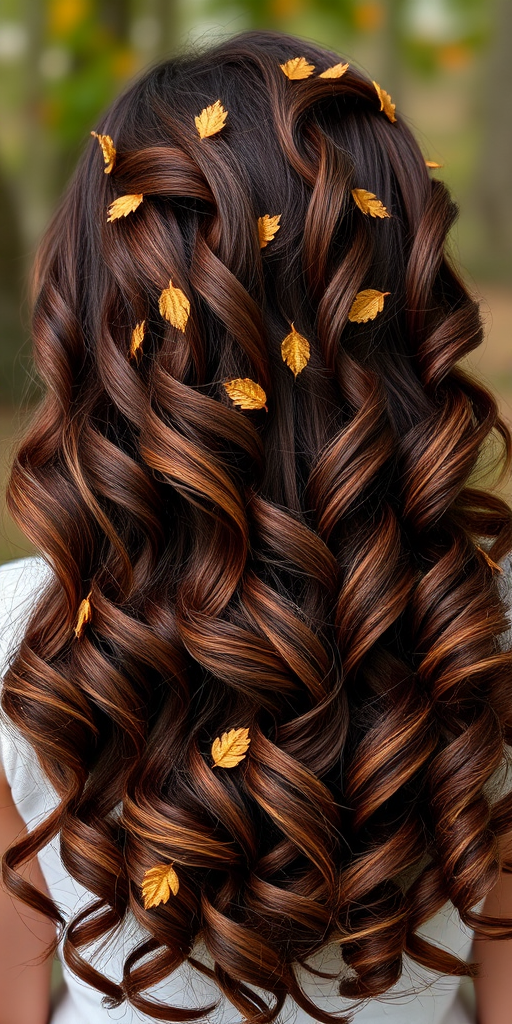 Luscious chocolate brown curls tumble down her back, interwoven with subtle caramel highlights and adorned with tiny golden leaf accents, creating a enchanting forest-inspired look.
