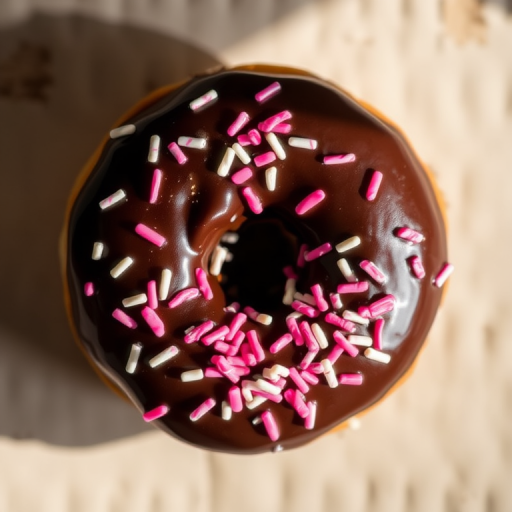 Generate a high-resolution image of a chocolate donut with pink and white sprinkles from a top-down view using a DSLR camera, f/2.8 aperture, 50mm lens, and natural lighting to enhance the texture and color vibrancy.