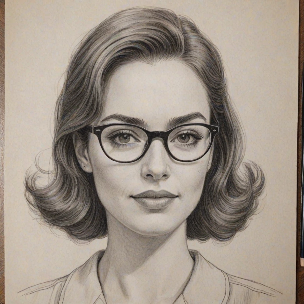 Captivating Eden Espinosa, pencil sketch, portrait of Charming woman 1957s in glasses, hair style beatnik, outline, clear lines, fine lines, 8k