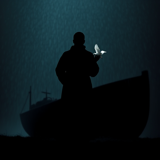 Create a silhouette of a figure holding a dove in front of a large ark, with a textured background suggesting rain, captured in low light with a DSLR camera, f/2.8 aperture, ISO 200, 50mm lens, shot from a low angle to emphasize the figure and ark, in a dramatic, moody style.