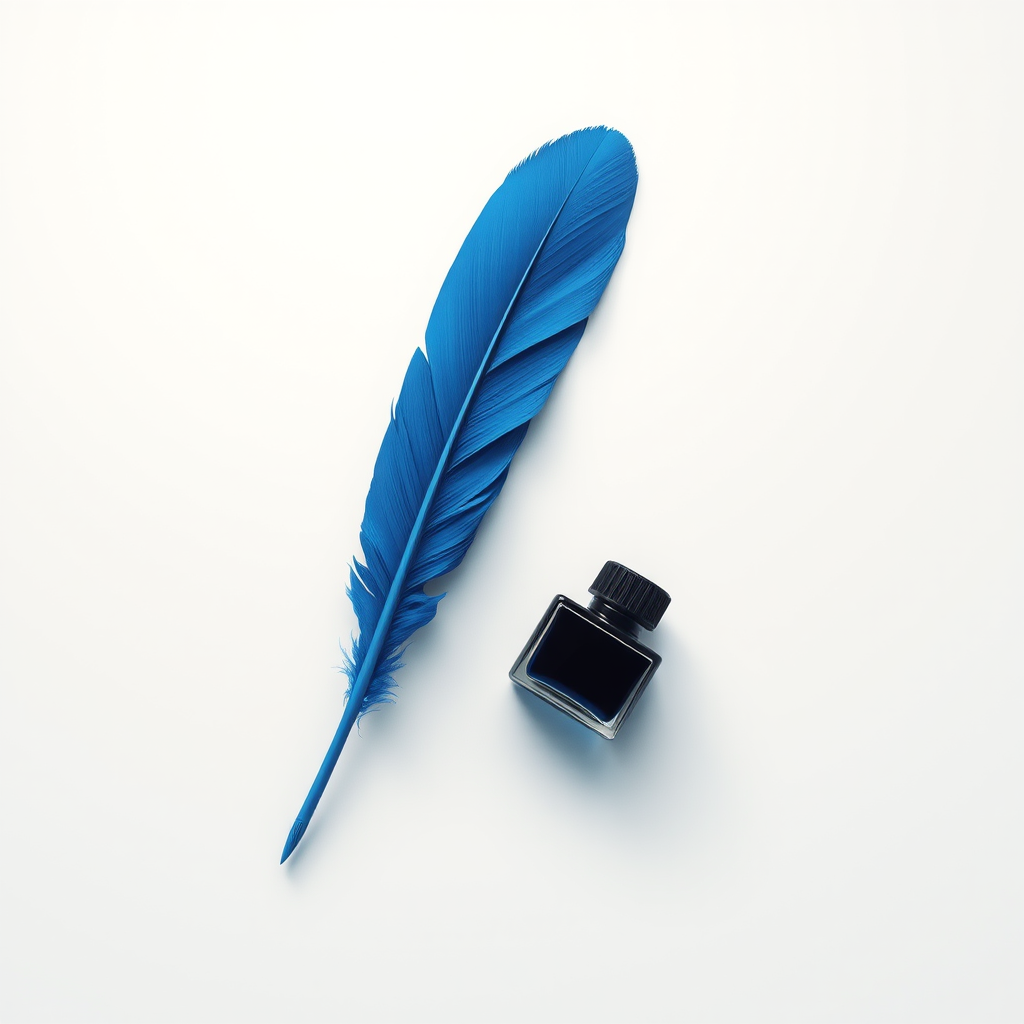 create a digital illustration of a blue feather quill and ink bottle on a smooth surface, use soft lighting for a serene atmosphere, camera settings: f/8, 1/60s, ISO 100, camera view: top-down, camera style: minimalist, camera type: DSLR