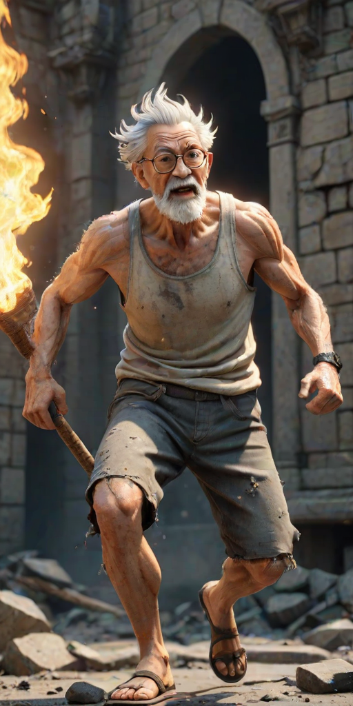 Cartoon 3D High-Resolution,dynamic battle scene using Unreal Engine 5 and Octane Render. The scene features back of an elderly, thai man with a beard,messy hair and round golden-rimmed glasses. He is wearing a tattered tank top with soot marks, shorts, and sandals. sweating. he wields a baseball bat. He jump to fight with a white fire-breathing Europe dragon amidst a partially destroyed stone castle. Include intense flames, smoke, and debris to enhance the dramatic effect.