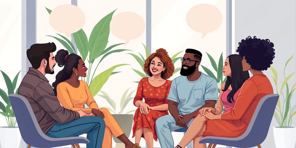 Create a vibrant illustration of six diverse people sitting in a semi-circle engaged in conversation, with speech bubbles above their heads and indoor plants in the background, using a digital art style, with a focus on soft lighting, a 50mm lens, f/2.8 aperture, and high-resolution settings to enhance color depth and clarity.