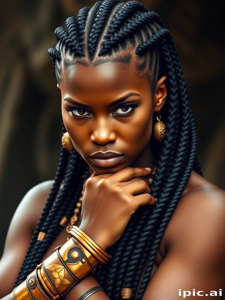 Fierce warrior woman sporting tight cornrow braids leading into long box braids, accented with golden cuffs and metallic thread