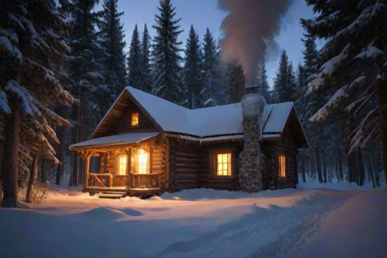 Warmly lit image of a rustic cabin nestled in a snow-covered forest, soft light glowing from the windows, with smoke curling from the chimney into the cold evening sky.