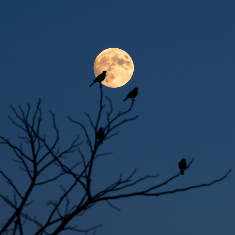 Capture a high-resolution image of a full moon in the night sky with silhouetted branches of a tree and birds perched on them, using a DSLR camera with a 200mm lens, f/8 aperture, ISO 100, shot at dusk with a clear view to ensure sharpness and detail.