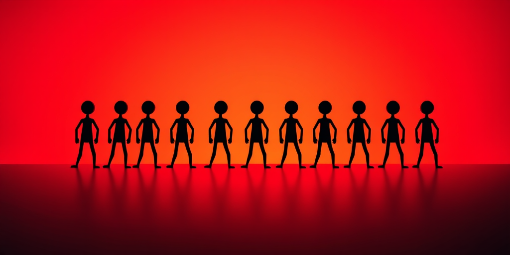 Create an image of a group of ten stylized, geometric figures, arranged in a line against a vibrant gradient background of orange and red, using a DSLR camera with a 50mm lens, aperture set to f/2.8, shutter speed of 1/125s, and ISO 100 for enhanced detail and color depth.