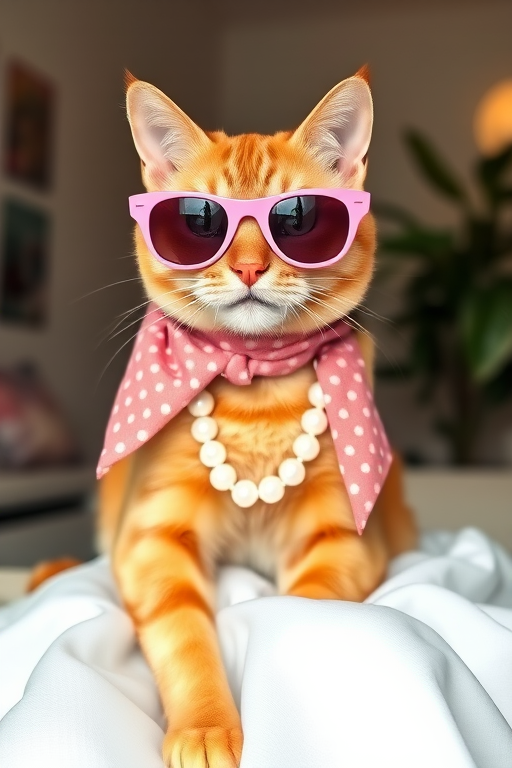 A stylish orange cat wearing pink sunglasses and a polka dot scarf, adorned with a pearl necklace, sitting gracefully in a white dress, with a softly lit room and a plant in the background.