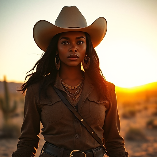 Dramatic photo of a beautiful Afro-Caribbean woman, classic cowboy attire, confident and free spirit expression, half-length portrait, centered, golden hour desert landscape, warm, diffused light, low angle, medium format film camera, in style of Annie Leibovitz.