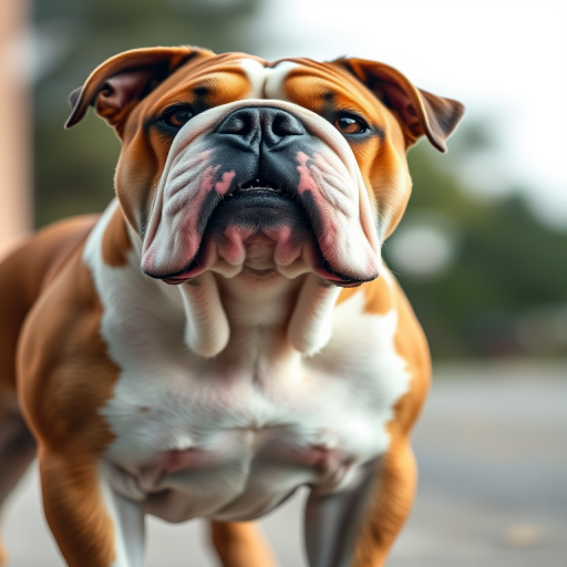 high-resolution image of a standing bulldog with a clear background, shot with a DSLR camera at 50mm, f/2.8 aperture, ISO 100, natural lighting, shallow depth of field, focus on the dog's facial features and muscular structure