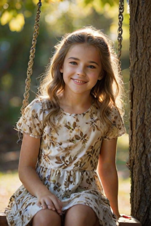 Softly lit portrait, a young girl in a floral dress sitting on a wooden swing, a large tree overhead with leaves casting dappled shadows on her face, distant hills visible in the background, soft smile on her face, sunlight highlighting the golden streaks in her hair.