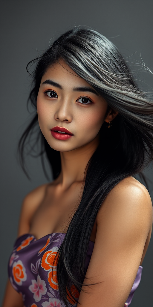 Photographic image of a beautiful young Ryukyuan woman, brown eyes, lips with cyan lipstick, long hair fluttering in the wind and wearing a silk strapless dress with a soft purple and orange print. monochrome image with only color highlights in the iris of the eyes, lipstick and dress. Gray background.