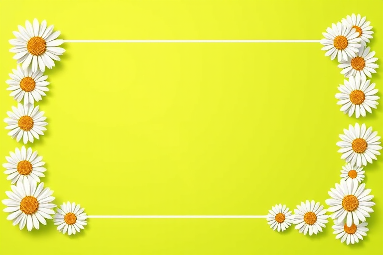 Create a vibrant illustration of a simple rectangular border decorated with white daisies along the edges, set against a bright green background, using a digital art style with a resolution of 300 DPI, captured from a flat lay view with a soft focus effect to enhance color contrast and sharpness.