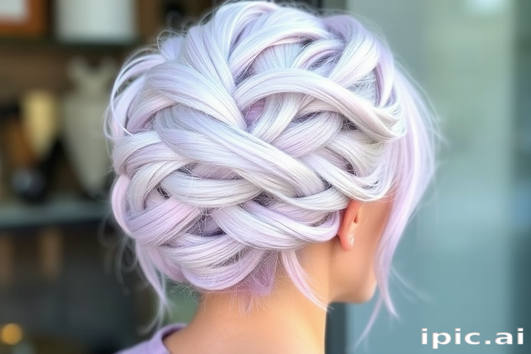 Icy platinum blonde hair with lavender tones in a chic French twist, Frosted Lilac Twist creation, combining elegance with a touch of whimsy and pastel charm