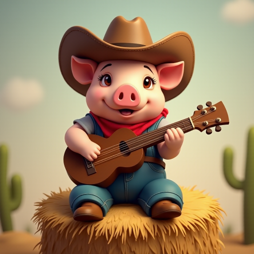 A chibi pig, dressed as a cowboy, playing guitar, sitting on a hay bale