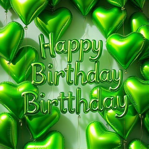 Create an image of a festive birthday scene filled with shiny green heart-shaped balloons in various sizes, with the text "Happy Birthday" artistically displayed in a playful font, using a DSLR camera with a 50mm lens, aperture set to f/1.8 for a shallow depth of field, shot from a slightly elevated angle, with soft natural lighting to enhance vibrancy and reduce shadows.
