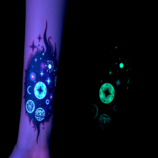 Mystical blacklight tattoo on the forearm, revealing a hidden galaxy scene with glowing stars, planets, and nebulae when exposed to UV light
