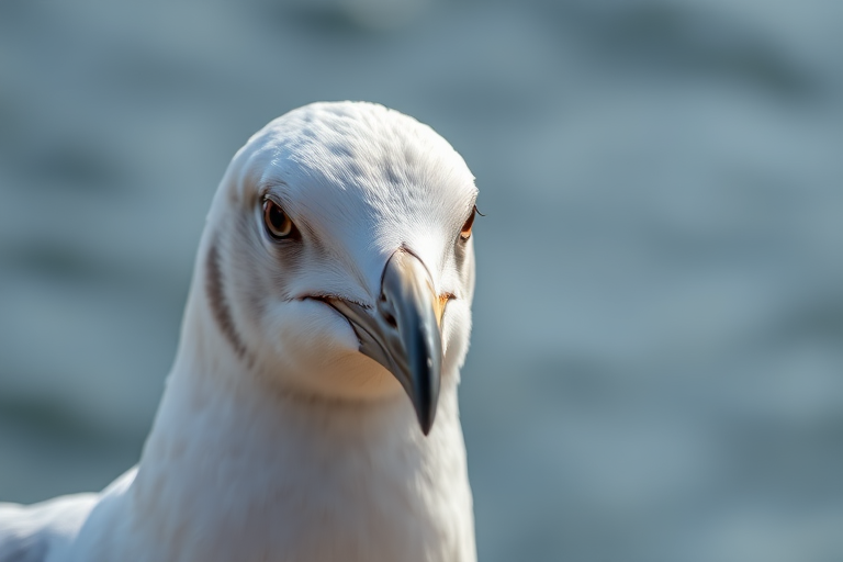 a close-up shot of a seagull with detailed feathers and a blurred background, using a DSLR camera with a 50mm lens, aperture f/2.8, ISO 100, shutter speed 1/400s, natural lighting, focus on the bird's face