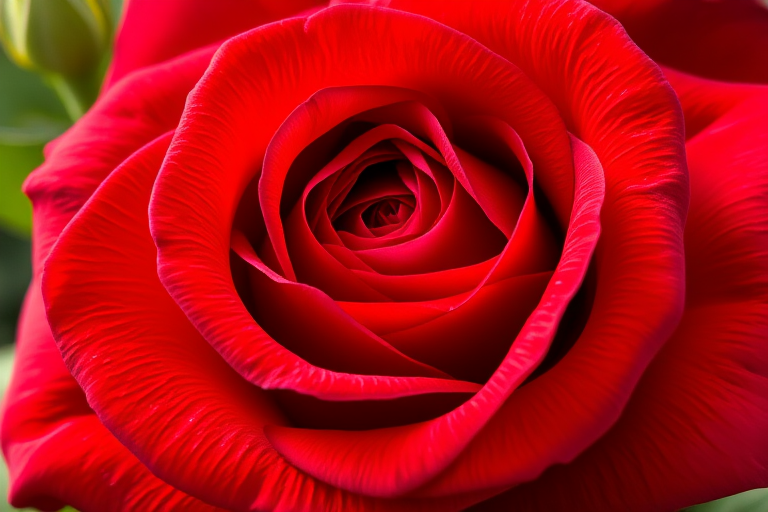 highly detailed illustration of a red rose with intricate petal textures and vibrant green leaves, captured with a macro lens at f/2.8, 1/100s shutter speed, ISO 100, natural lighting, shot at eye level to emphasize the rose's beauty and depth, DSLR camera
