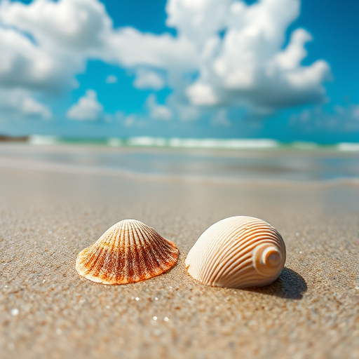 Close-up of two seashells on a sandy beach with gentle waves lapping at the shore, vibrant blue sky with fluffy clouds above, Canon EOS R5, 24-70mm f/2.8 lens, aperture f/8, ISO 100, shutter speed 1/200 sec, natural light, low angle view, high resolution.