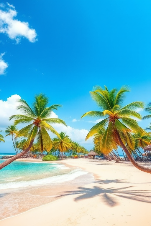 Create a vibrant digital illustration of a tropical beach scene framed in a heart shape, featuring palm trees, a sandy shore, and a bright blue sky; use high dynamic range imaging at f/11 aperture, ISO 100, 24mm lens, and a wide-angle perspective to enhance clarity and detail.