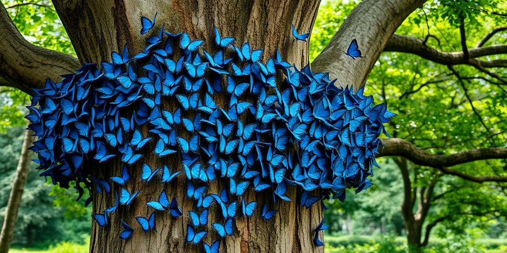 Create an image of a large tree covered with vibrant blue butterflies. The butterflies should be scattered across the trunk and branches, with a few fluttering in the air. The scene should be set in a lush green environment, highlighting the contrast between the vivid blue of the butterflies and the natural colors of the tree and foliage.