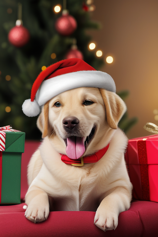 Adorable Labrador Puppy Wearing Santa Hat Surrounded by Christmas Presents