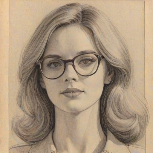 Lovely Mary Elizabeth Ellis, pencil sketch, portrait of Appealing woman 1974s in glasses, hair style beatnik, outline, clear lines, fine lines, 8k