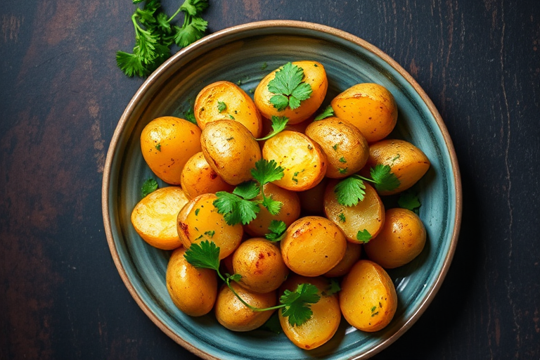photograph of a colorful plate of golden boiled potatoes garnished with fresh cilantro on a rustic dark surface, camera settings: aperture f/2.8, shutter speed 1/200 sec, ISO 100, camera view: overhead shot, camera style: natural light, camera type: DSLR