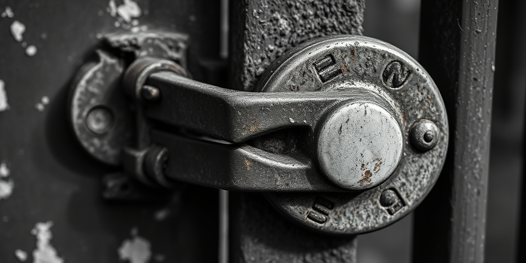 Capture a close-up shot of a rusty gate lock with intricate details using a DSLR camera, 50mm lens, f/2.8 aperture, ISO 100, natural lighting, and shallow depth of field to emphasize the textures and contrasts in black and white.