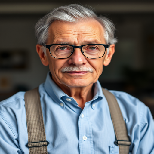 Create a high-resolution portrait of an elderly man with grey hair and glasses, wearing a light blue shirt and suspenders, soft natural lighting, 50mm lens, f/1.8 aperture, ISO 100, shot with a Canon EOS R5, in a well-lit studio setting with a shallow depth of field.