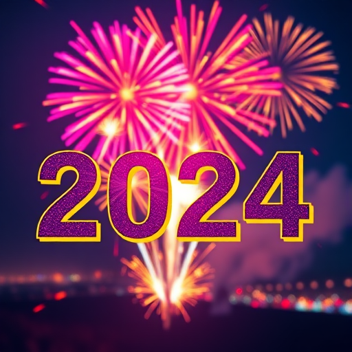Create a vibrant illustration of the year 2024 with colorful fireworks in the background, using a Canon EOS R5 camera, aperture f/8, shutter speed 1/250s, ISO 100, wide-angle lens, high saturation, and vivid colors for enhanced clarity.