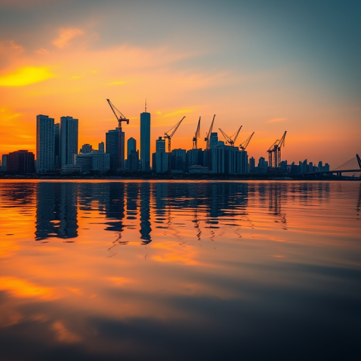 Capture a serene sunset over a city skyline with cranes, reflecting on calm water, using a DSLR camera at f/11, 1/125s, ISO 100, viewed from a low angle to enhance foreground reflection and depth.