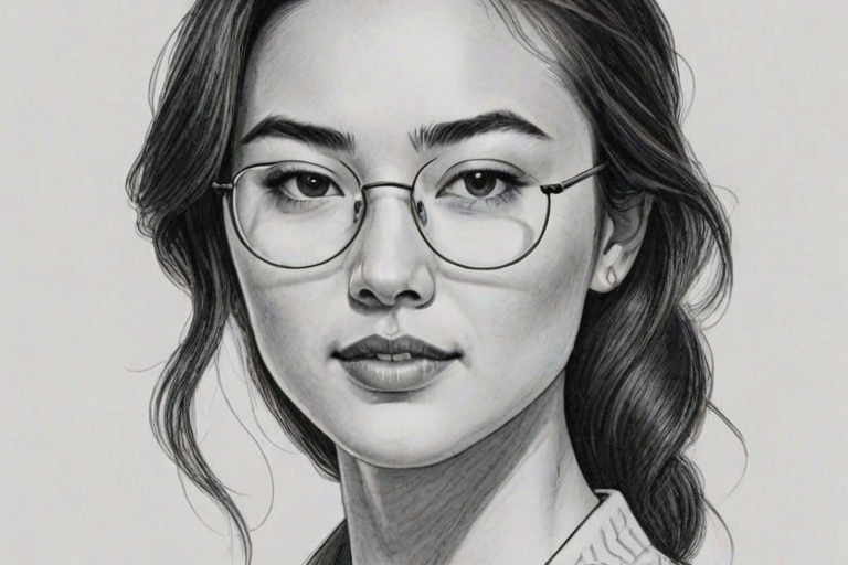 Elegant Jessica Henwick, pencil sketch, portrait of Attractive woman 1979s in glasses, hair style beatnik, outline, clear lines, fine lines, 8k